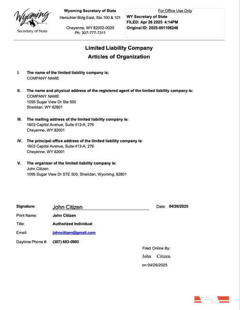 USA Wyoming articles of organization Word and PDF template